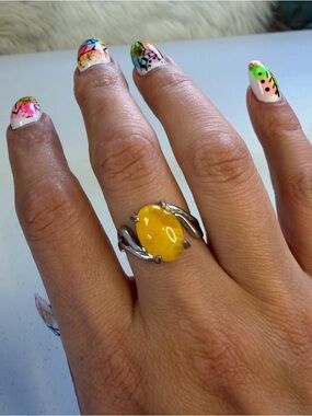 Vintage Yellow Stone Ring Silver Tone Costume Jewelry Womens Size 12 Boho whimsy